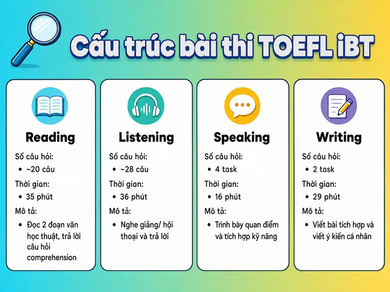 Bài thi TOEFL iBT đánh giá bốn kỹ năng Reading, Listening, Speaking và Writing trong môi trường học thuật.