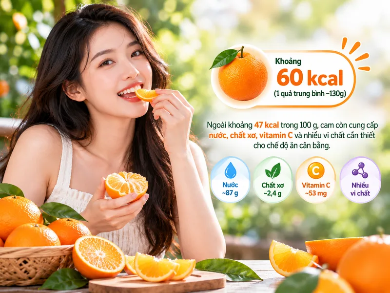 Ngoài khoảng 47 kcal trong 100 g, cam còn cung cấp nước, chất xơ, vitamin C và nhiều vi chất cần thiết cho chế độ ăn cân bằng.